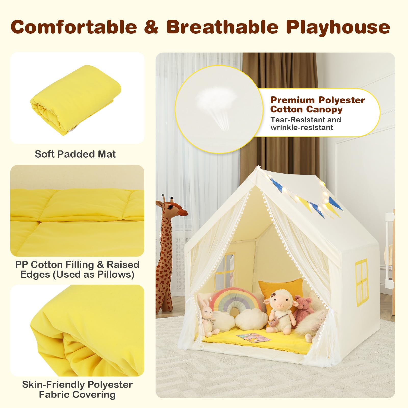 Large Play Tent, Kids & Toddlers Playhouse with Washable Cotton Mat