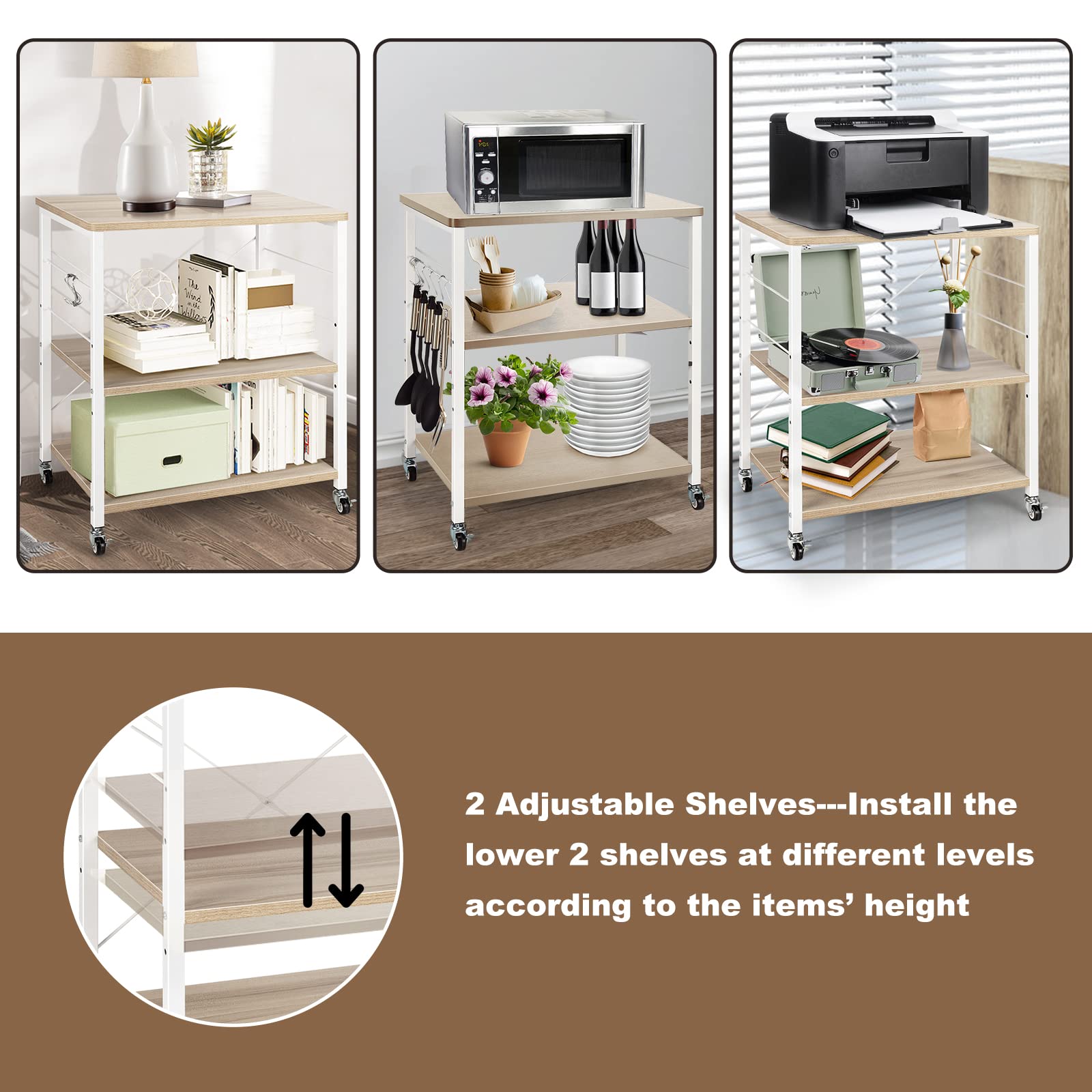 Giantex 3-Layer Microwave Stand Bakers' Rack, Kitchen Rolling Cart with 4 Universal Wheels and 10 Removable Hooks