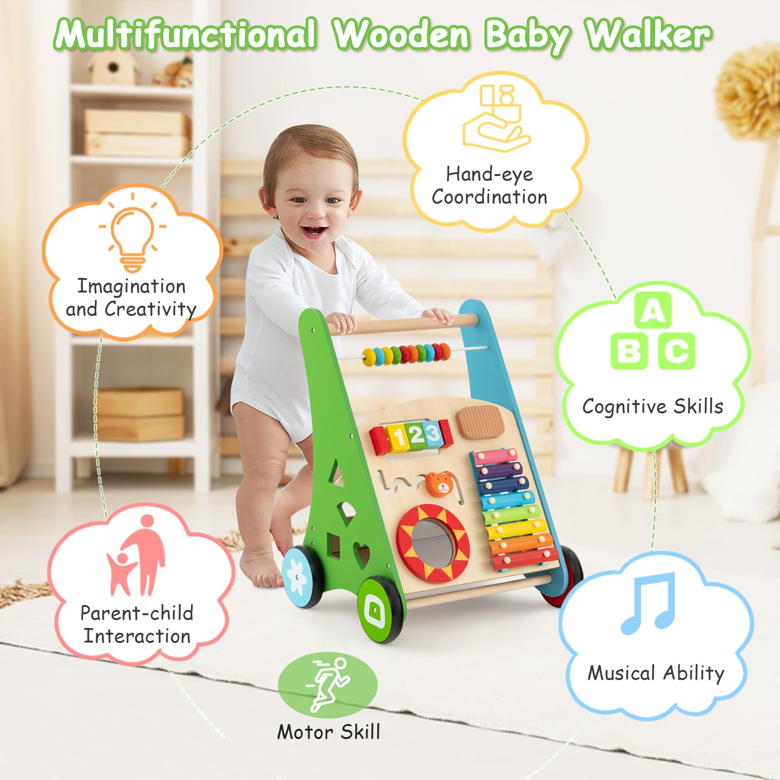 BABY JOY Wooden Baby Walker, Push and Pull Sit-to-Stand Learning Walker Activity Center(Colorful)