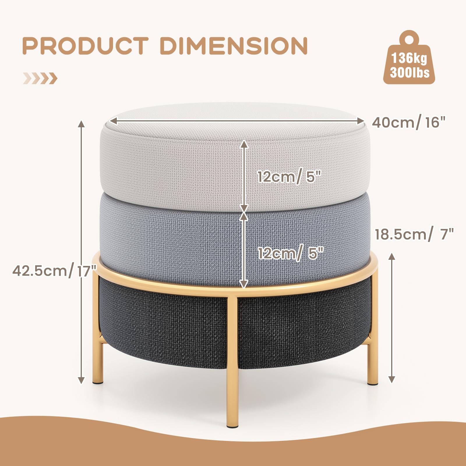 Giantex Upholstered Linen Fabric Ottoman, Multifunctional Round Vanity Stool with Gold Metal Legs & Anti-Slip Foot Pads