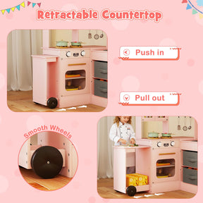 Corner Kitchen with Lights and Sounds, Interactive Wooden Playset w/Retractable Countertop