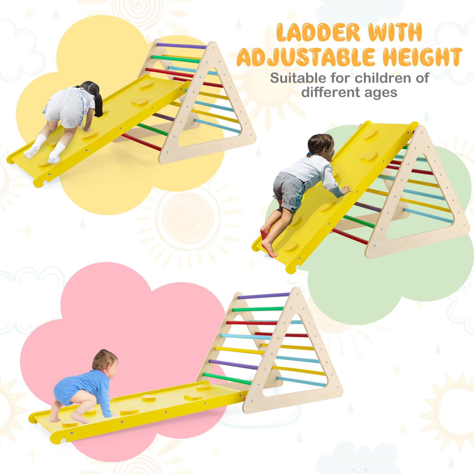 3 in 1 Triangle Climber with Ramp, 3 Piece Play Equipment Wooden Climbing Toys for Toddlers