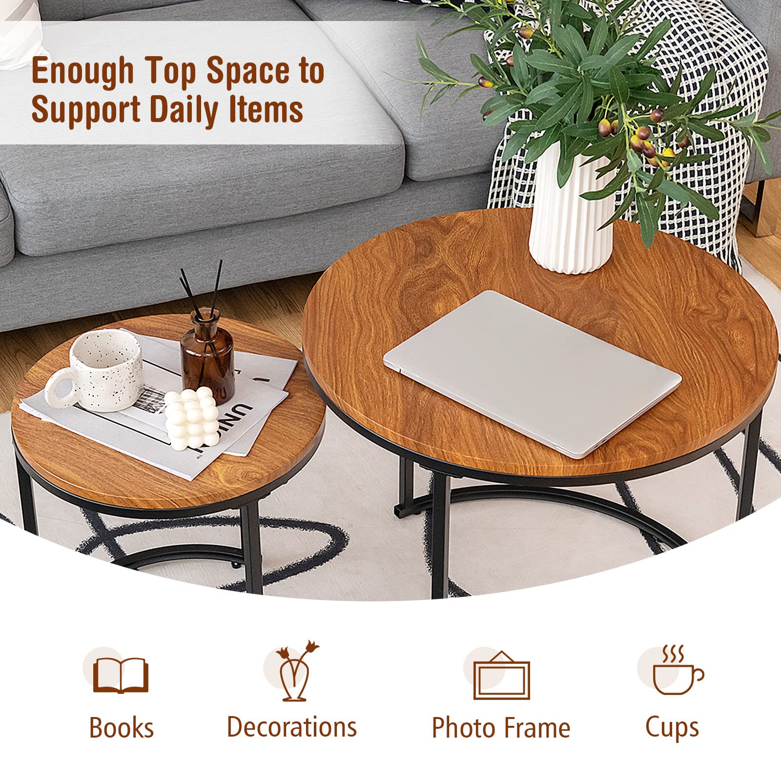 Giantex Set of 2 Compact Stacking Side Tables w/Wooden Tabletop & Powder-Coated Steel Frame