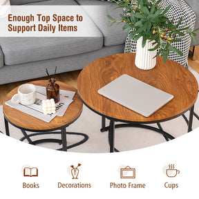 Giantex Set of 2 Compact Stacking Side Tables w/Wooden Tabletop & Powder-Coated Steel Frame