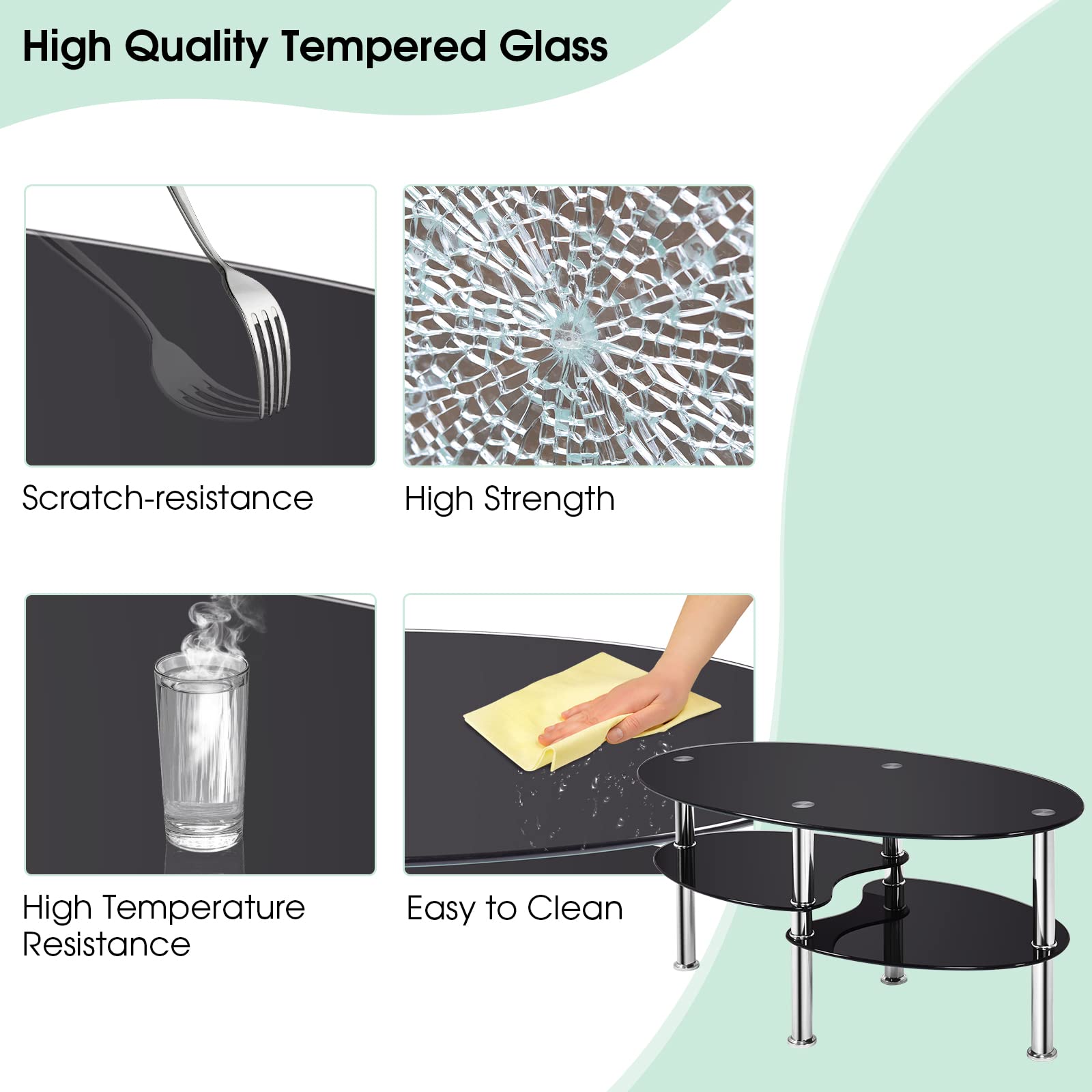 Giantex Tempered Glass Coffee Table, 3-Tire Modern Oval Tea Table, Smooth End Table with Open Storage Shelf