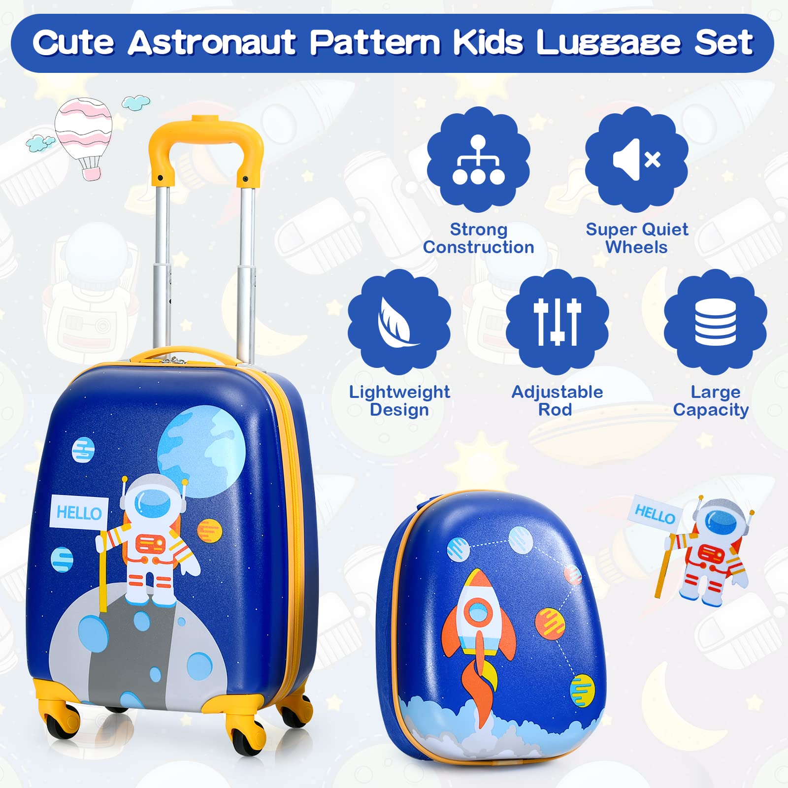 2 PCS Kids Luggage Set, 13" & 16" Kids Carry On Suitcase Set, Children Travel Rolling Trolley Suitcase