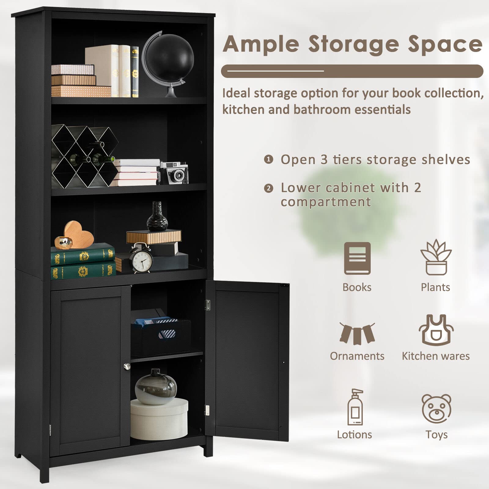 Giantex 182CM Bookcase with Doors, 3 Tier Open Book Shelving, Standing Wooden Display Bookcase