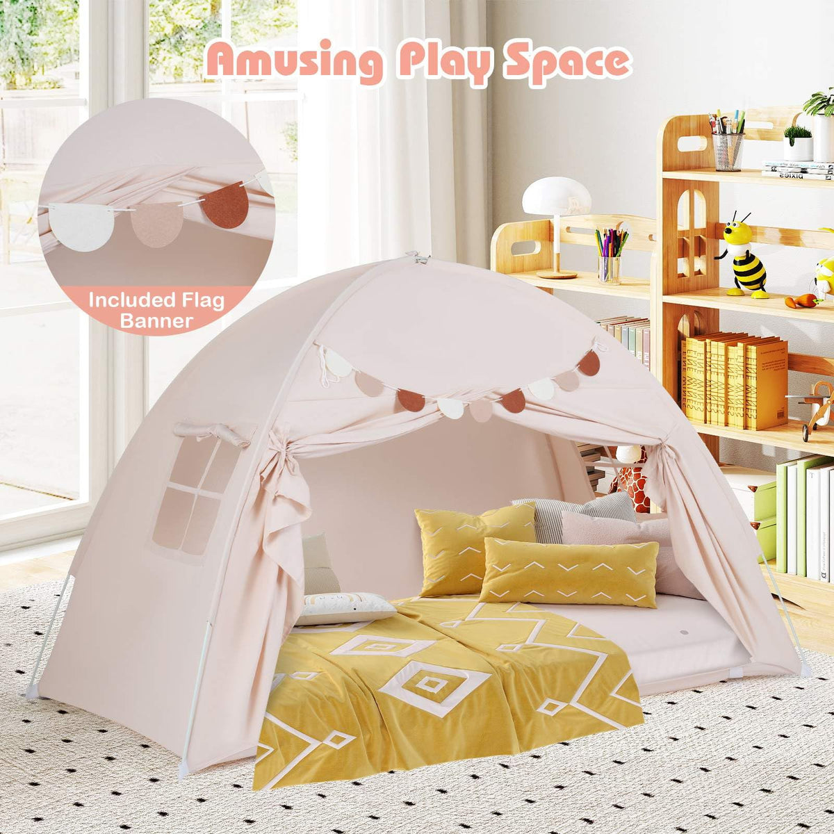 Twin Full Size Bed Tent for Kids, Foldable & Portable Canopy Tent on Twin Bunk Bed with 2 Windows and Flags