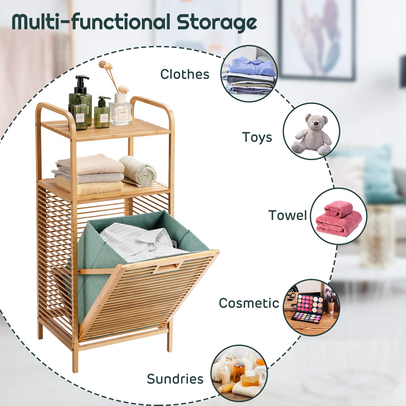Giantex Tilt-out Laundry Hamper, Bamboo Wood Laundry Shelf Cabinet, Space-saving Laundry Hamper