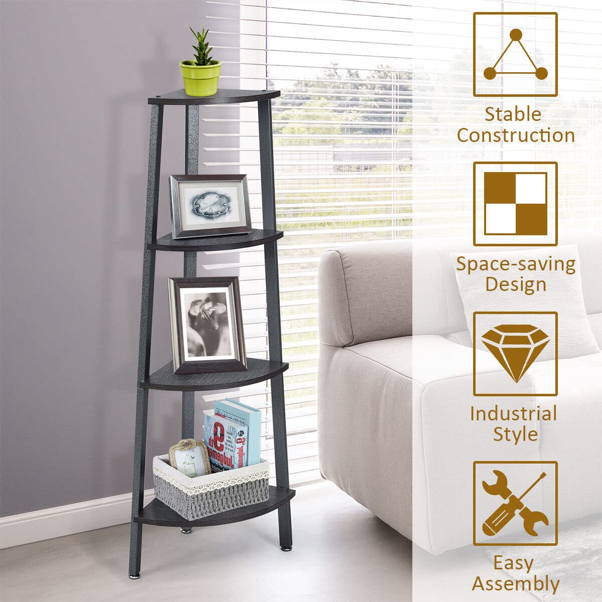 Giantex 4-Tier Corner Shelf, Lightweight Wood Look Organizer w/Metal Frame, Multipurpose Storage Shelf