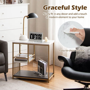 Giantex White Marble Side Table, 3-Tier End Table w/Golden Polished Steel Frame, Marble & Golden