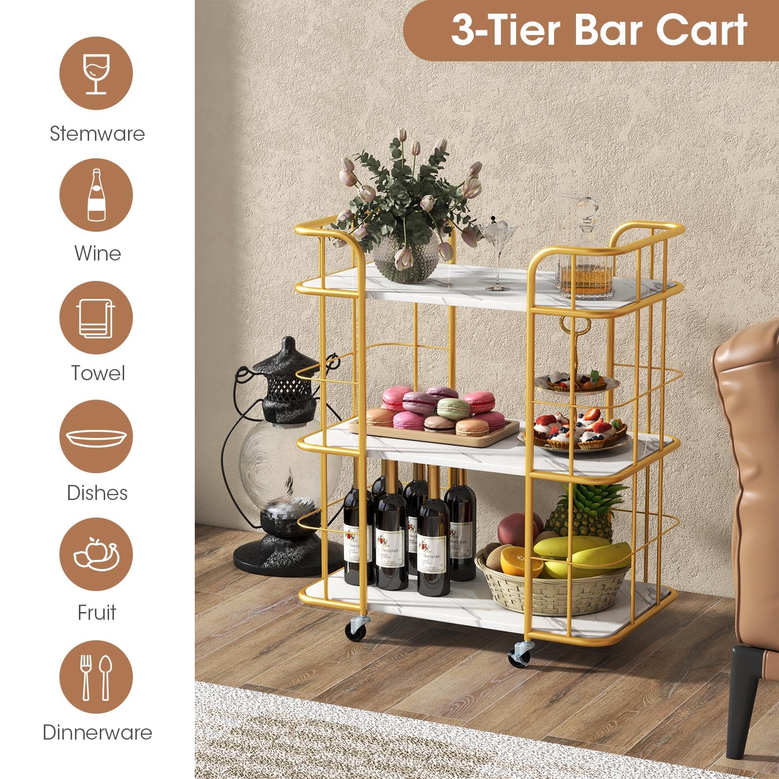 Giantex Gold Bar Cart, Home Island Service Cart, 3 Tier Storage Shelves
