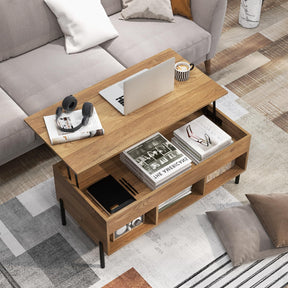 Lift Top Coffee Table, Coffee Station Table with Hidden Compartment, Rising Tabletop, 3 Open Cubbies