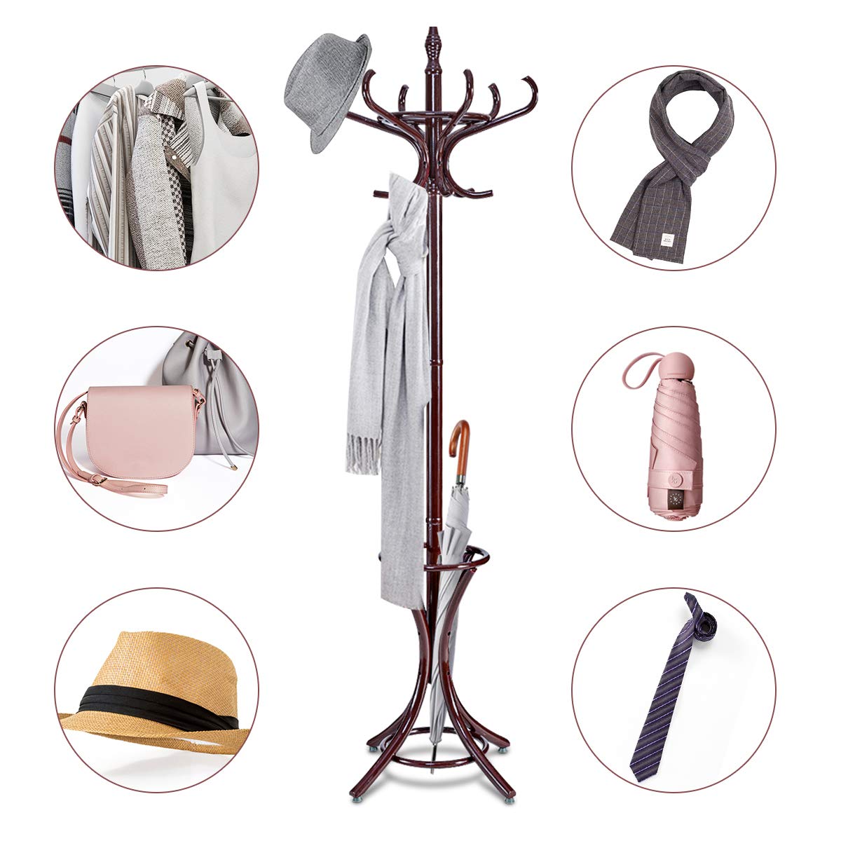 Coat Rack, Free Standing Coat Rack, Solid Wood Coat Tree w/ 12 Hooks & Umbrella Holder, Solid Wood Structure, Stable Base, Standing Rack for Hallway