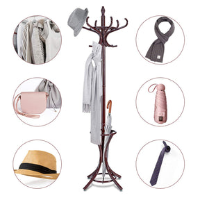 Coat Rack, Free Standing Coat Rack, Solid Wood Coat Tree w/ 12 Hooks & Umbrella Holder, Solid Wood Structure, Stable Base, Standing Rack for Hallway
