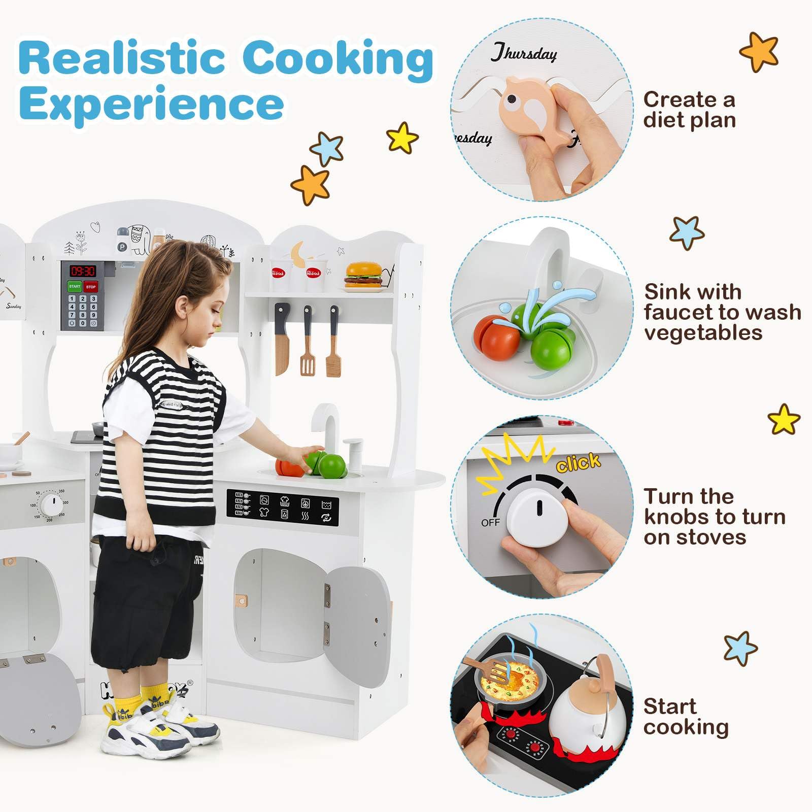 Corner Wooden Play Kitchen, 18 PCS Pretend Kitchen Playset w/Coffee Machine, Slide, Microwave, Oven