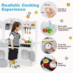 Corner Wooden Play Kitchen, 18 PCS Pretend Kitchen Playset w/Coffee Machine, Slide, Microwave, Oven