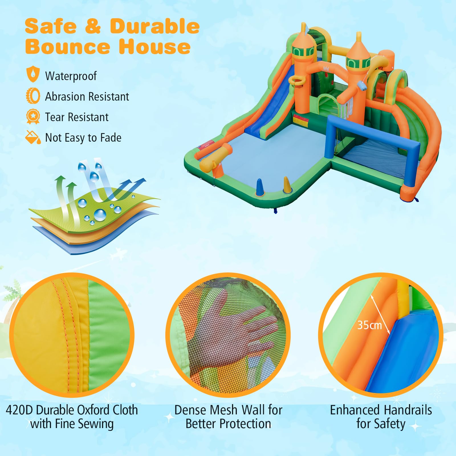 HONEY JOY Inflatable Water Slide, Kids Water Park w/Long Slides, Splash Pools, Climbing Wall, Water Gun