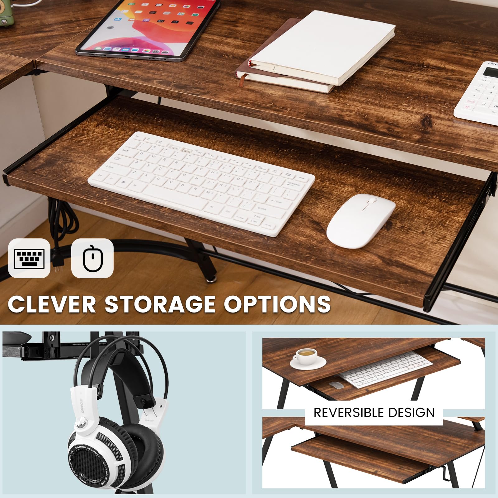 L-Shaped Computer Desk with Power Outlet, 130 cm Corner Computer Workstation with Monitor Stand