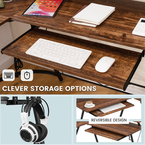 L-Shaped Computer Desk with Power Outlet, 130 cm Corner Computer Workstation with Monitor Stand