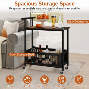 Rolling End Table with Handle, 2-Tier Sofa Side Table with Open Shelf & Mesh Basket