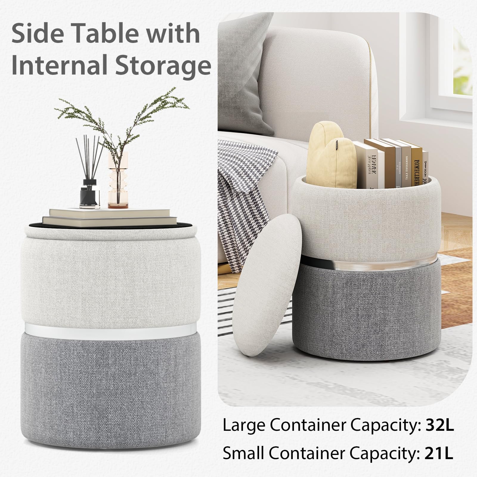 Giantex Linen Fabric Storage Ottoman Set of 2, Modern Round Ottoman with Storage