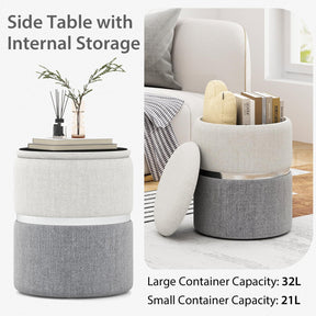 Giantex Linen Fabric Storage Ottoman Set of 2, Modern Round Ottoman with Storage