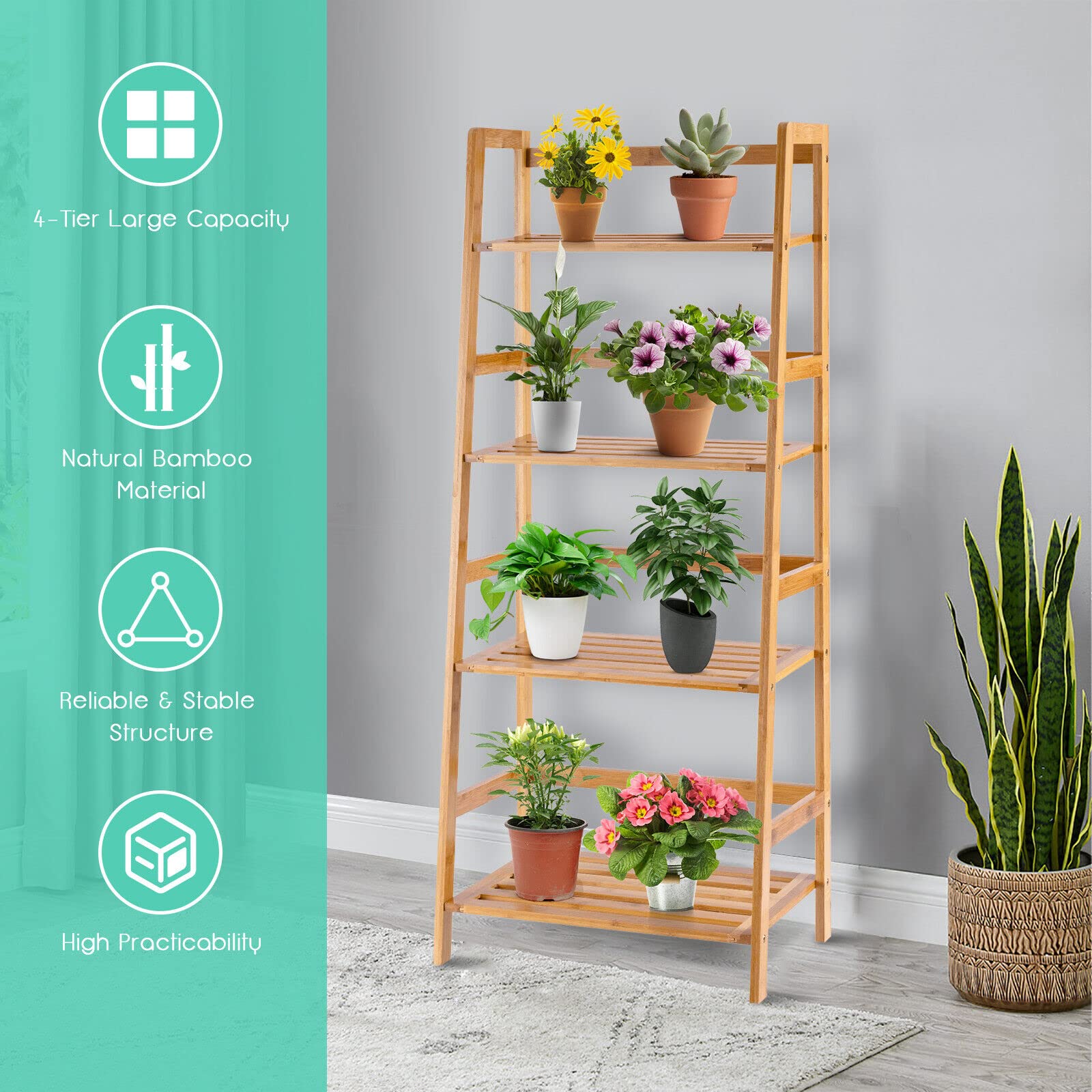 Giantex 4-Tier Bamboo Plant Shelf, Multipurpose Flower Ladder Stand, Potted Plant Display Rack