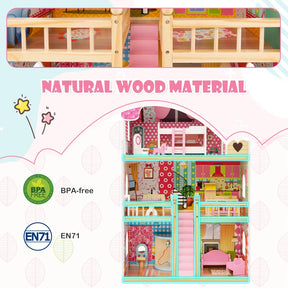 HONEY JOY Kids Wooden Dollhouse Playset w/15 Furniture Accessories