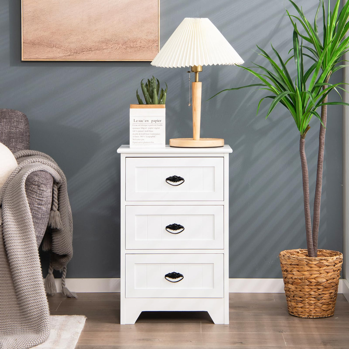 3 Drawers Nightstand, Accent Bedside End Table w/Vintage Handle, Anti-Toppling Device