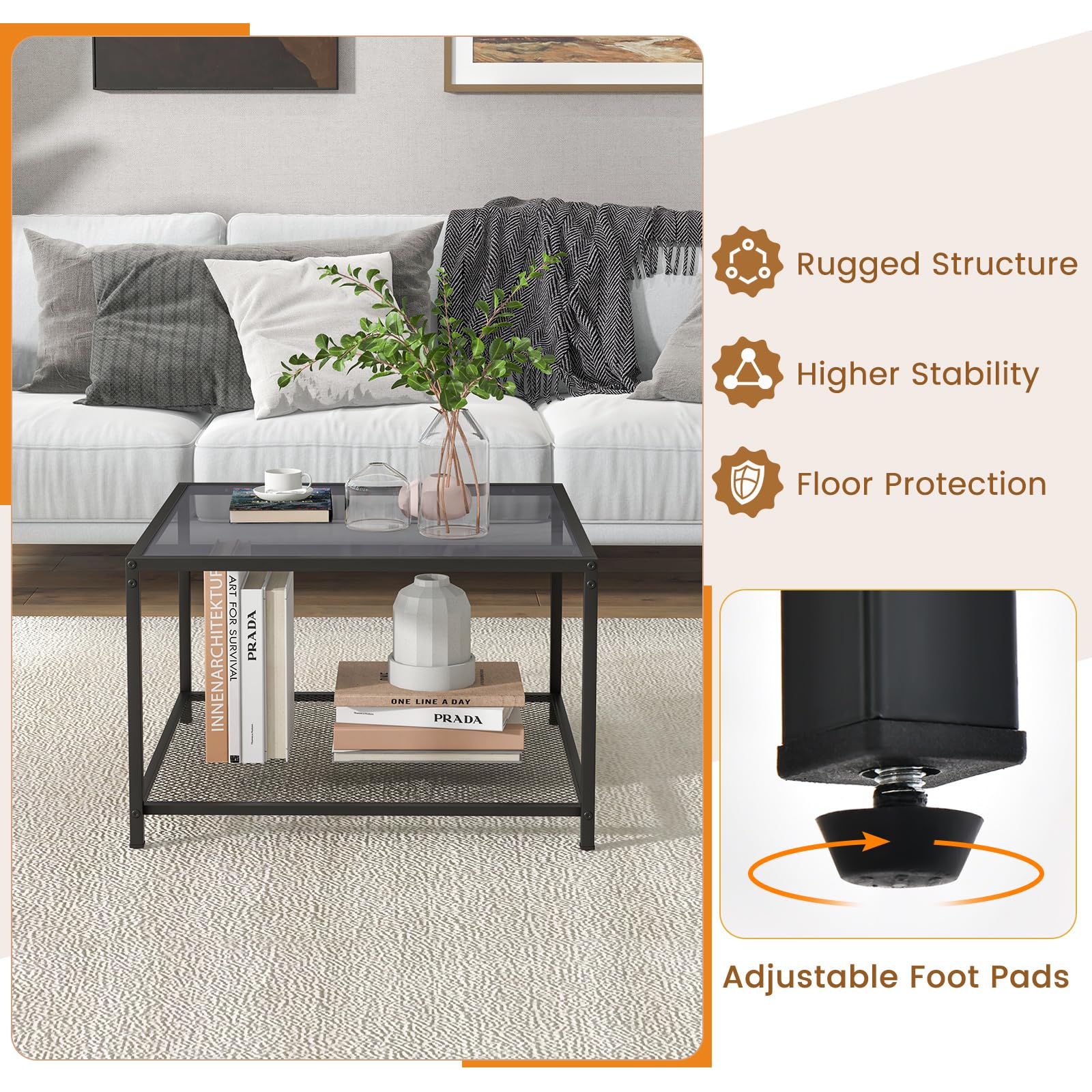 Giantex Glass Coffee Table with Storage, 70cm Modern 2-Tier Square Coffee Table with Mesh Shelf