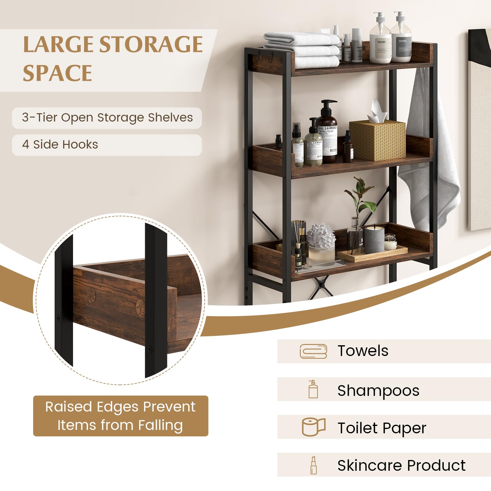 Giantex Over The Toilet Storage Rack 3-Tier Bathroom Space Saver Organizer Shelf w/ 4 Hooks & Adjustable Bottom Bar