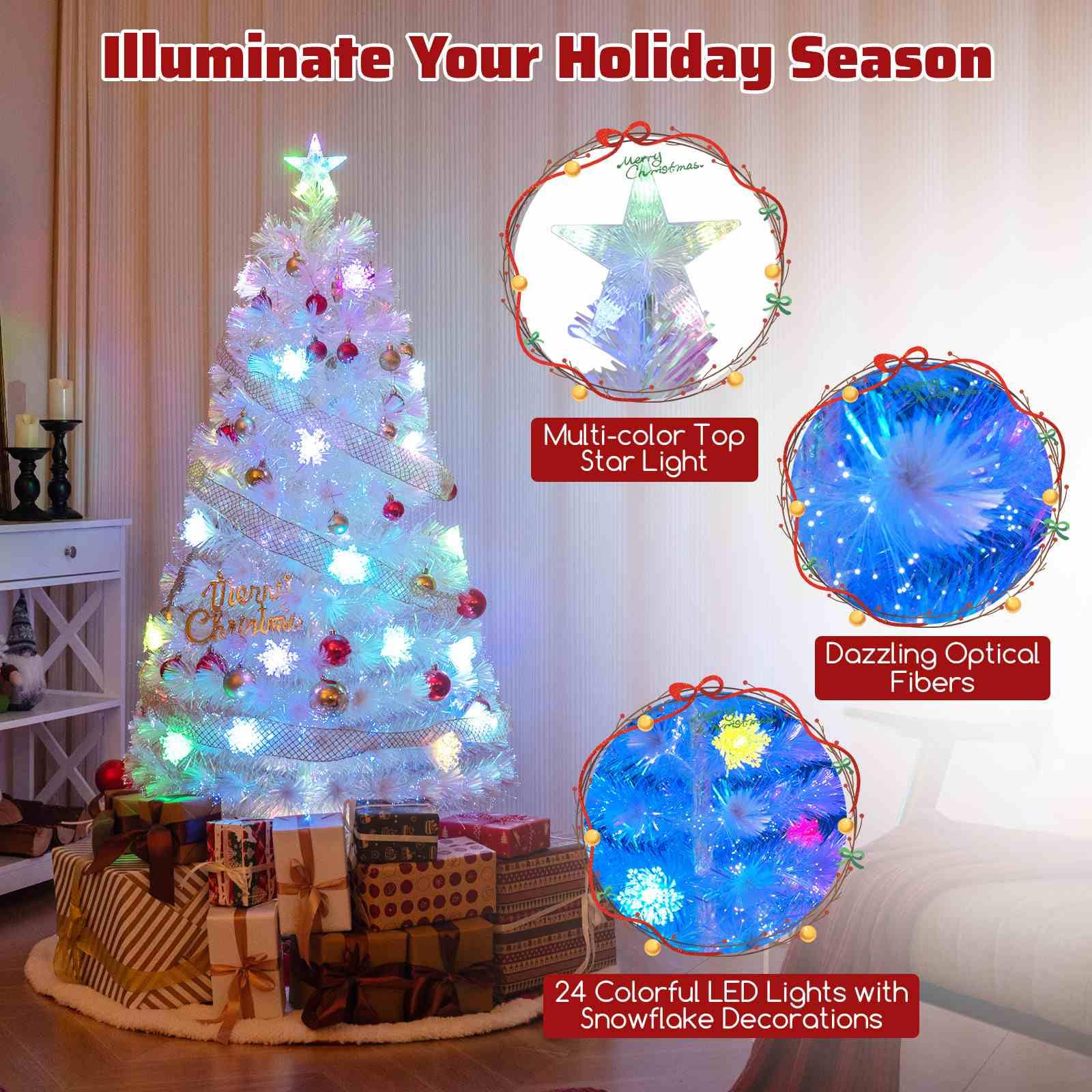 150/180/210cm Pre-Lit Fiber Optic Christmas Tree with Iridescent Leaves