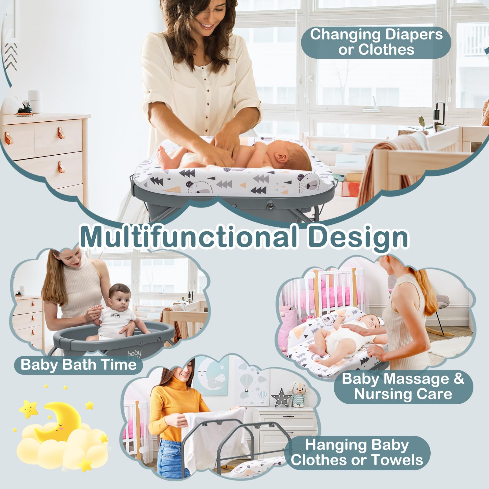 Baby Bathtub with Changing Table, Foldable Diaper Changing Station with Storage Tray