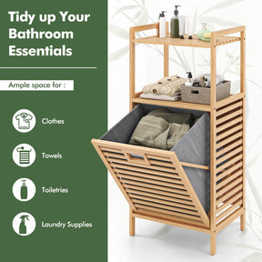 Bathroom Shelf w/Laundry Basket, Bathroom Shelf Made of Bamboo, Bathroom Cabinet w/ 2 Shelves for Bathroom Accessories