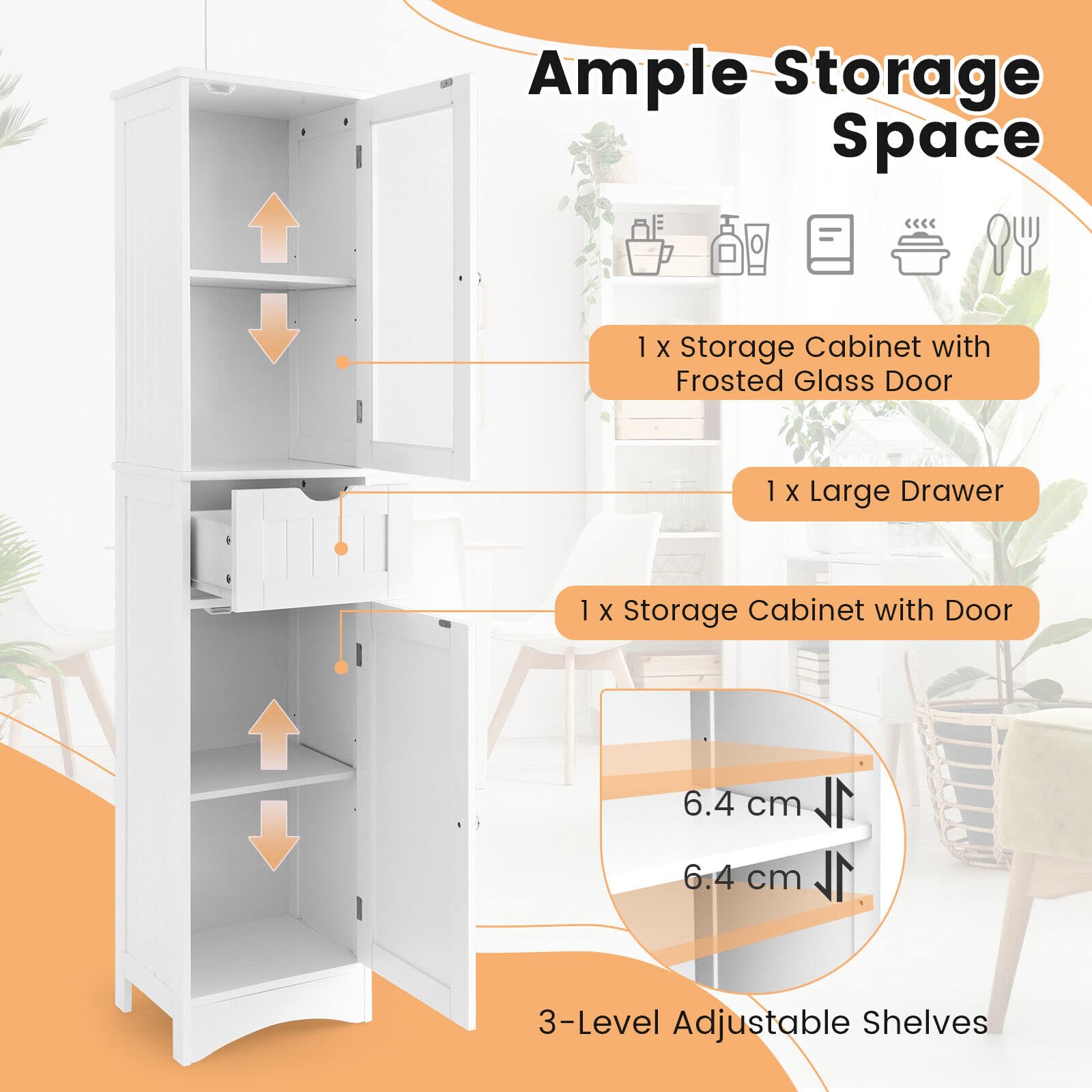 Giantex Freestanding Storage Cabinet, 170 cm Tall Slim Bathroom Cabinet with 2 Adjustable Shelves, 2 Doors and 1 Drawer