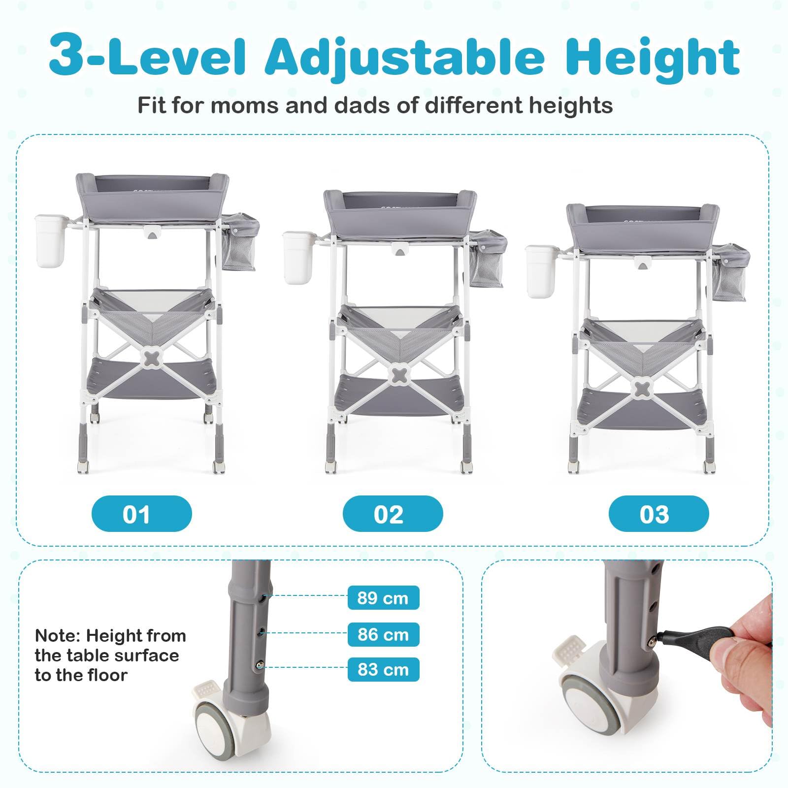 BABY JOY Portable Baby Changing Table w/ Wheels, Foldable Waterproof Diaper Changing Station w/ Adjustable Height