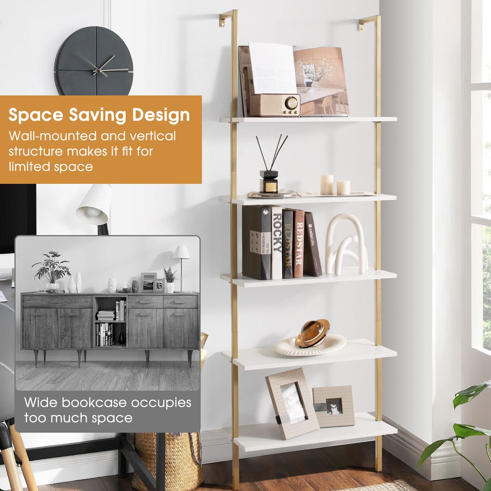 Giantex 5-Tier Ladder Shelf, Wall Mounted Bookshelf with Steel Frame, Elegant Bookcase