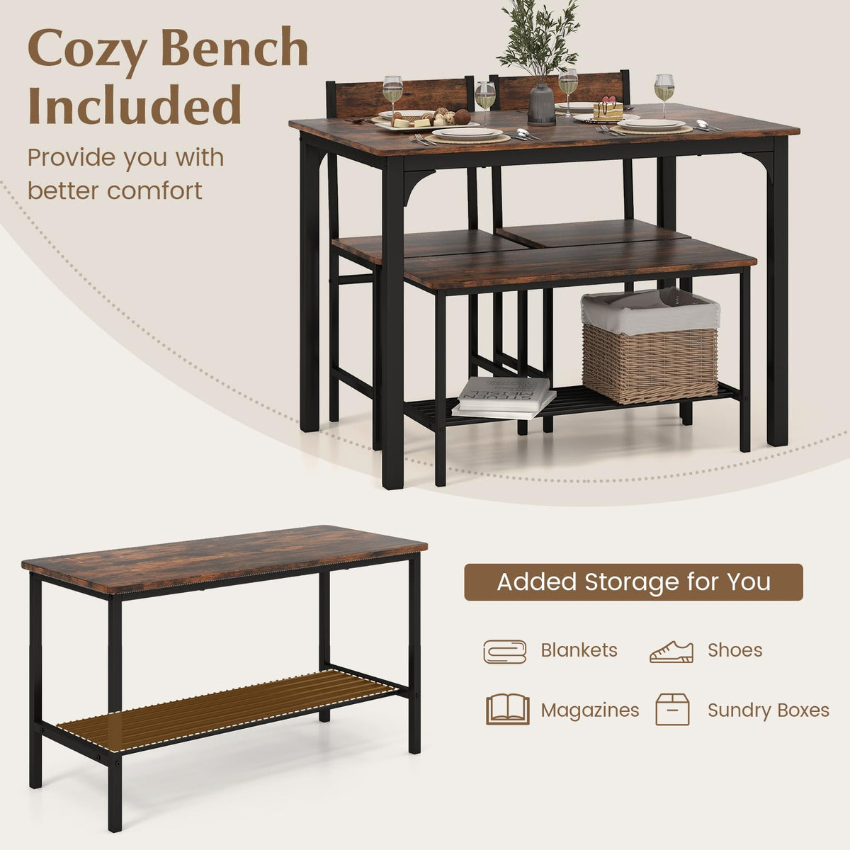4-Piece Dining Table Set, Kitchen Table with 2 Chairs & a Bench