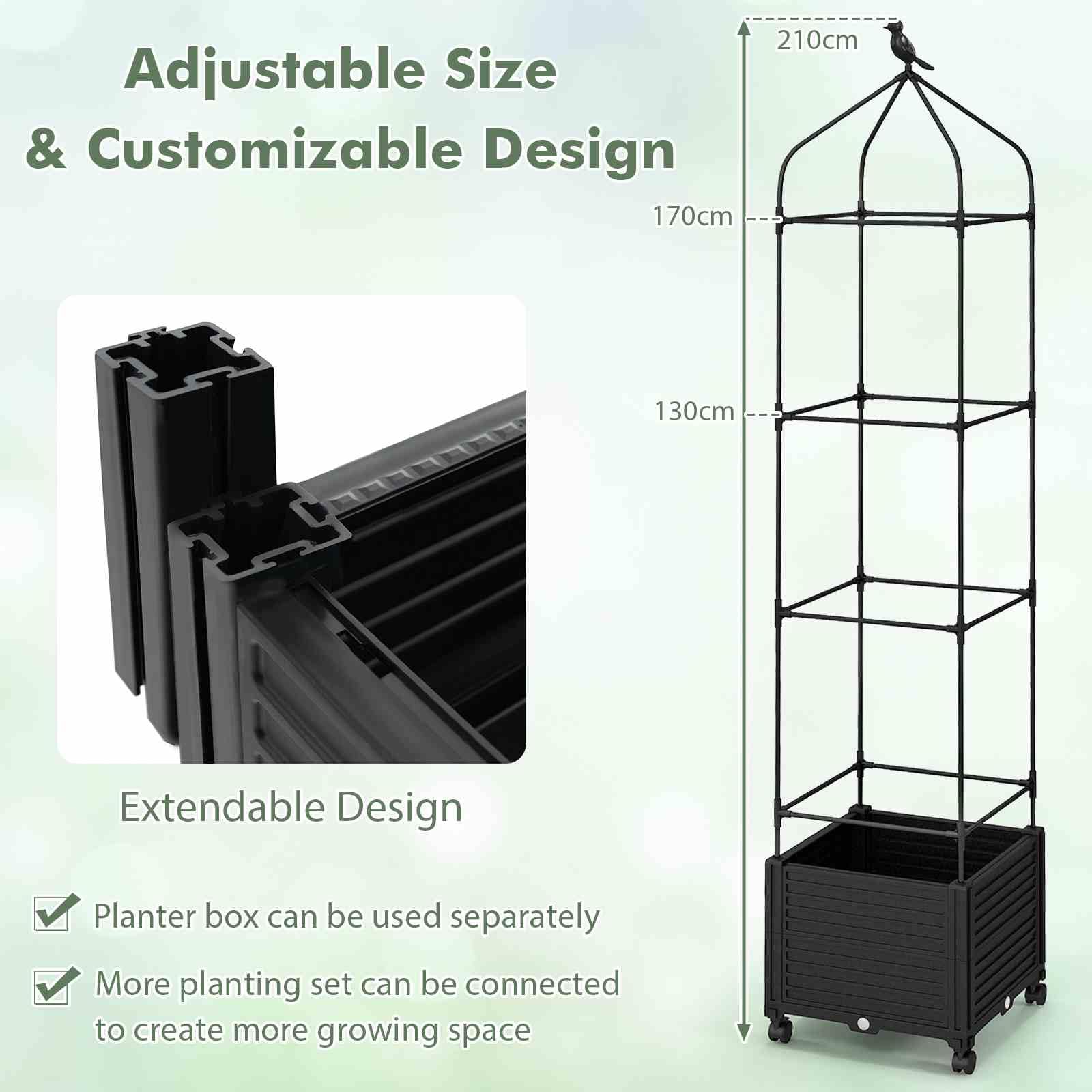 Raised Garden Bed with Trellis, Tomato Cage Planter Box with Self-Drainage & Wheels for Climbing Vines