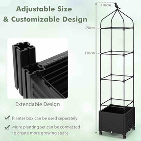 Raised Garden Bed with Trellis, Tomato Cage Planter Box with Self-Drainage & Wheels for Climbing Vines