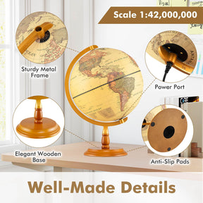 30 cm Illuminated World Globe, Antique Light up Globe Night Lamp with Wooden Stand and Clear Map for Kids and Adults