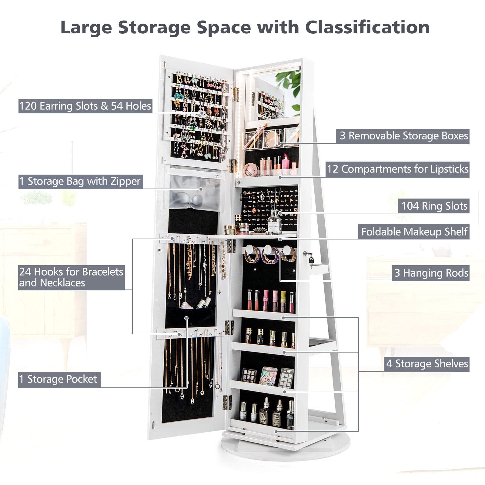 Giantex 161CM(H) Jewelry Armoire with Full Length Mirror 360° Swivel, 3-Color LED lights