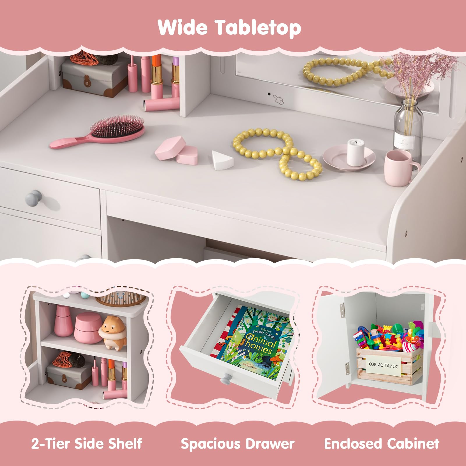 Kids Vanity Table with Stool, Children Makeup Table & Chair Set with 2-Color LED Lights, Mirror, Shelves