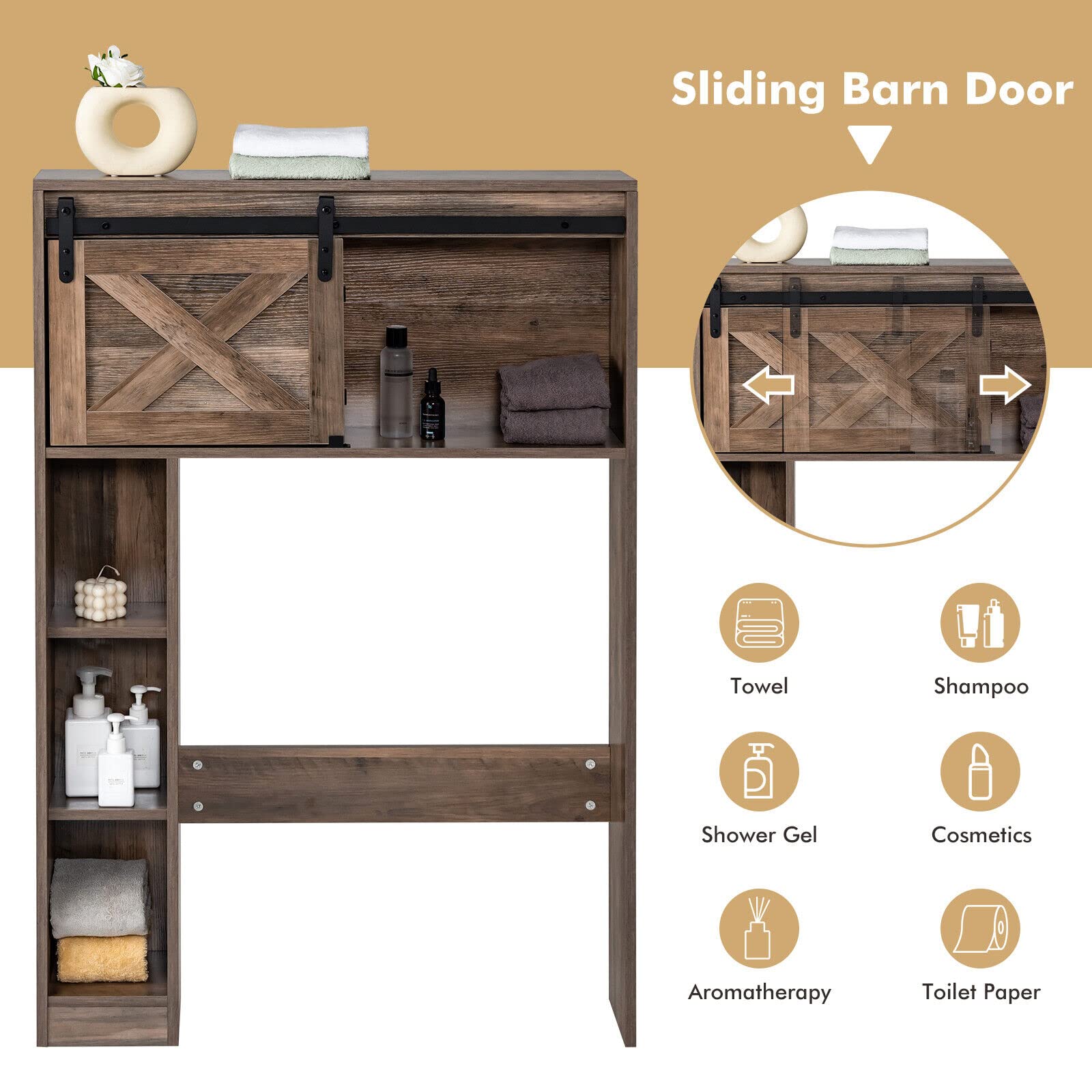 Giantex Over The Toilet Storage Cabinet, Freestanding Bathroom Organizer with Sliding Barn Door & Storage Shelves