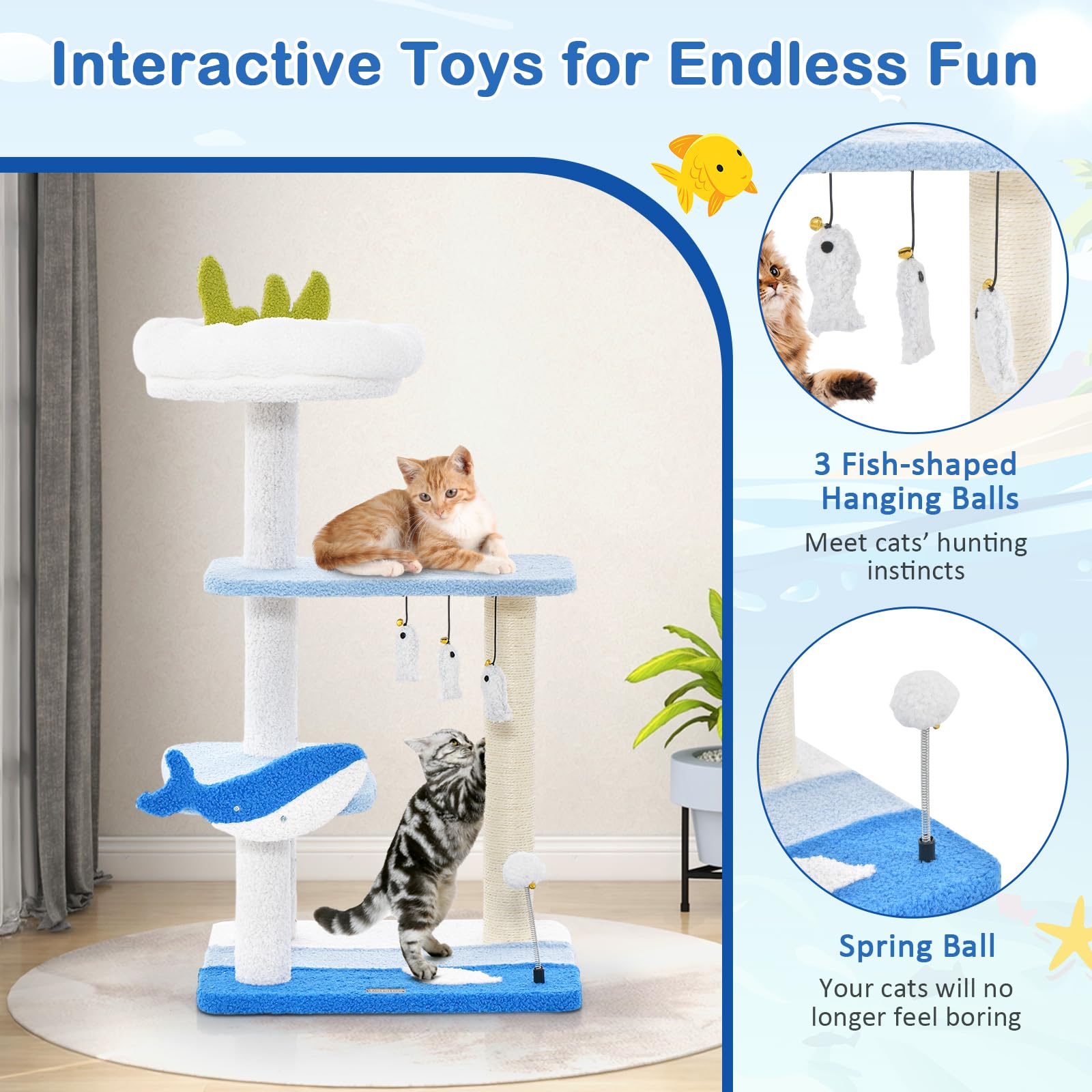 Ocean-Themed Cat Tree, 3-Level Cat Tower w/Sisal Covered Scratching Posts