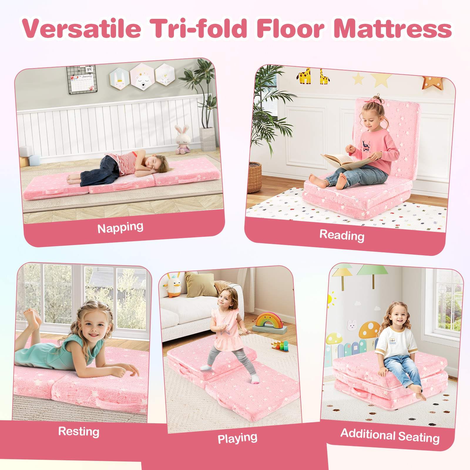 Foldable Floor Mattress for Kids, Glow in The Dark Toddler Floor Nap Mat w/Washable Flannel Cover