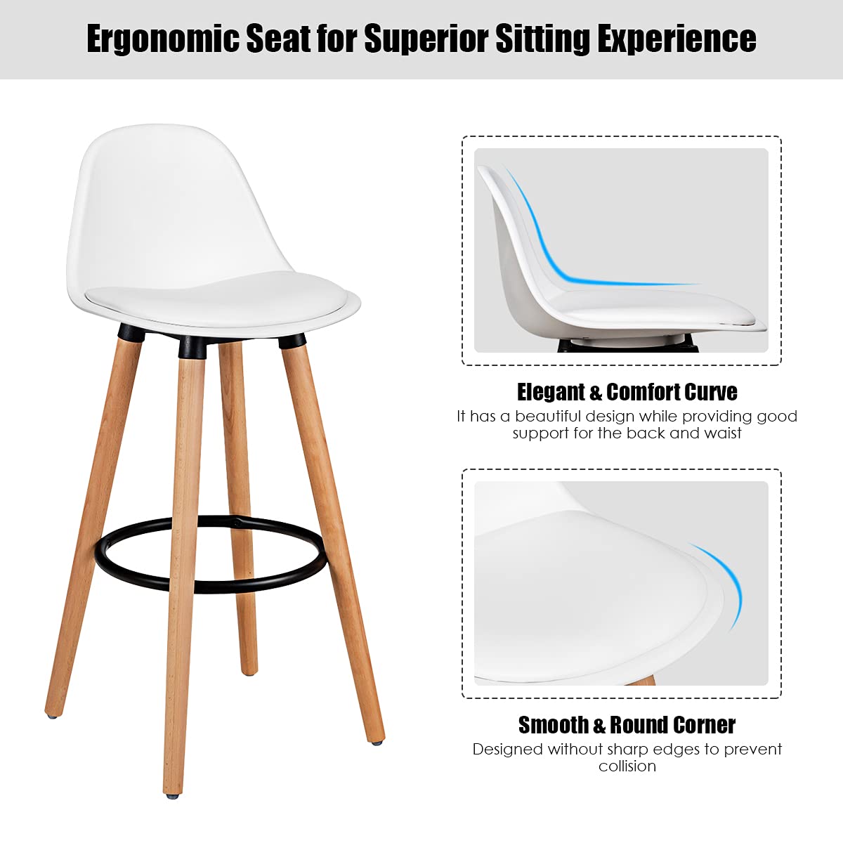 2Pcs Bar Stools, Pub High Barstool Dinning Chair w/ Round Metal Footrest