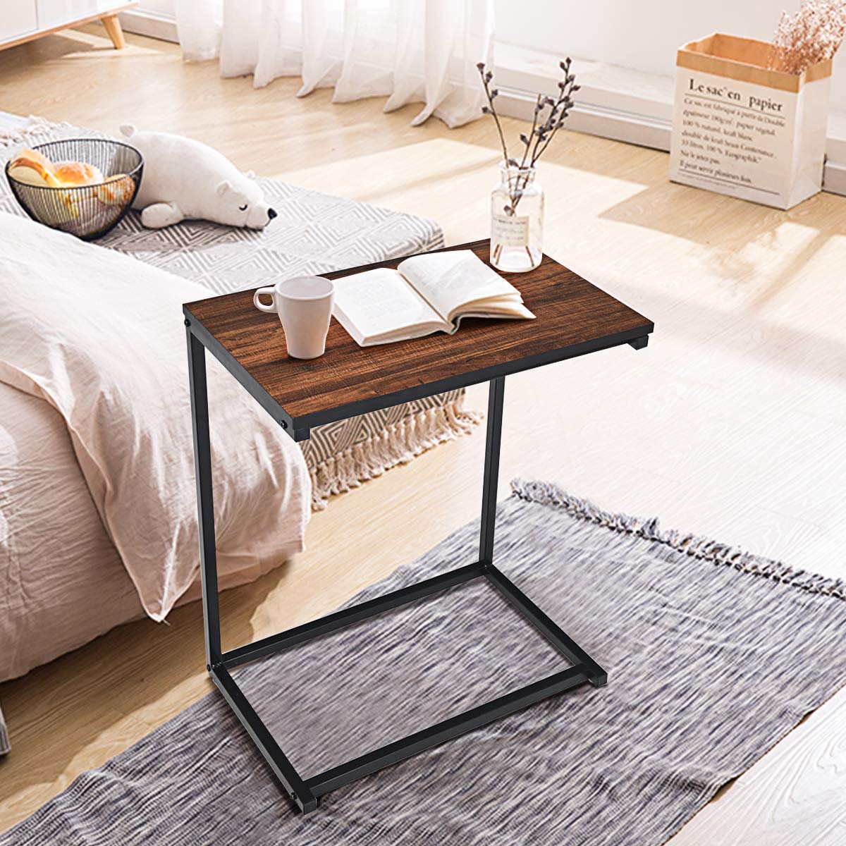 Snack Side Table, C-Shaped End Table for Sofa Couch, Bed, Wood Look Finish and Steel Frame, Space-Saving for Small Spaces