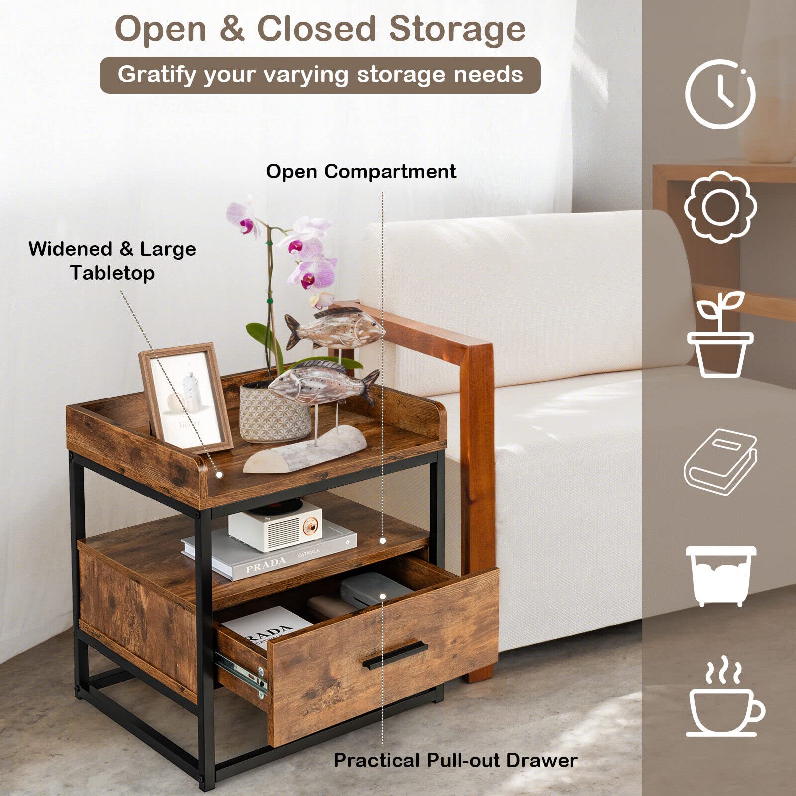 Giantex Rustic Side Table with Drawer, 3-Tier Nightstand with Raised Top Baffles, Open Compartment, Rustic Brown